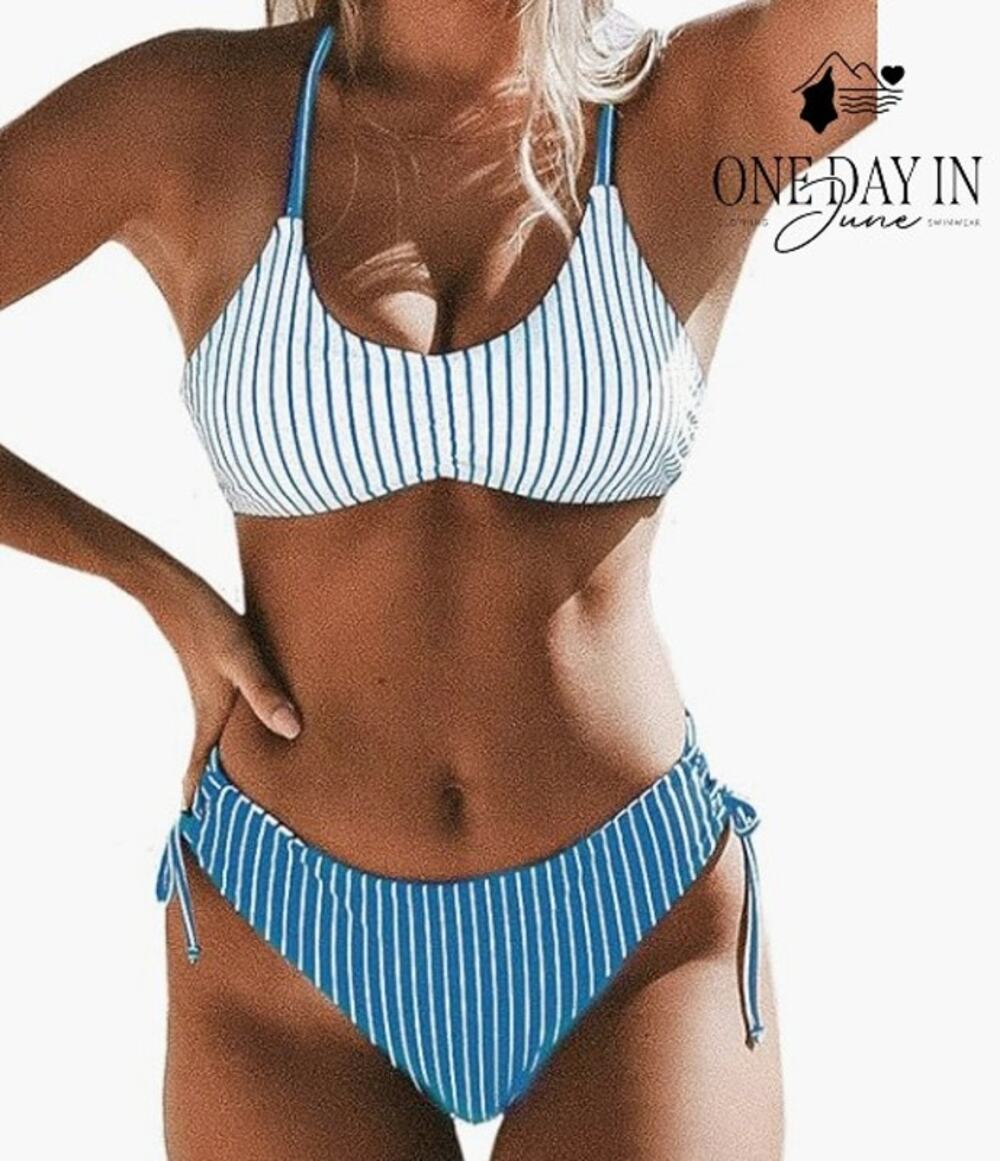 Cupshe Blue White Striped Braided Back Reversible Bikini Swimsuit NWT Size S